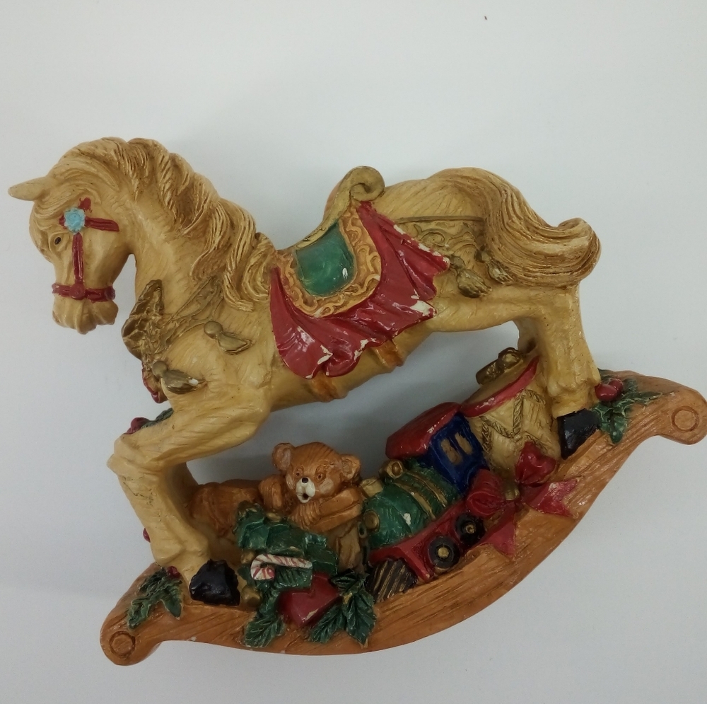 Russ Berries Christmas Rocking Horse w Bear Gifts Table Top Decor Resin